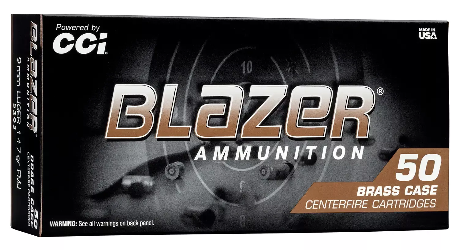 CCI 9MM Luger 147GR TMJ Blazer Brass C-F Suppressor 50RD/BX 10BX/CS